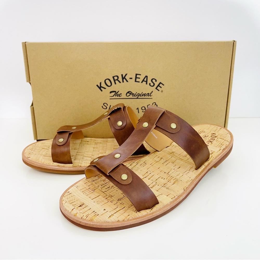 Kork-Ease NEW Basel Brown Leather T-Strap Comfort Slip-On Sandals